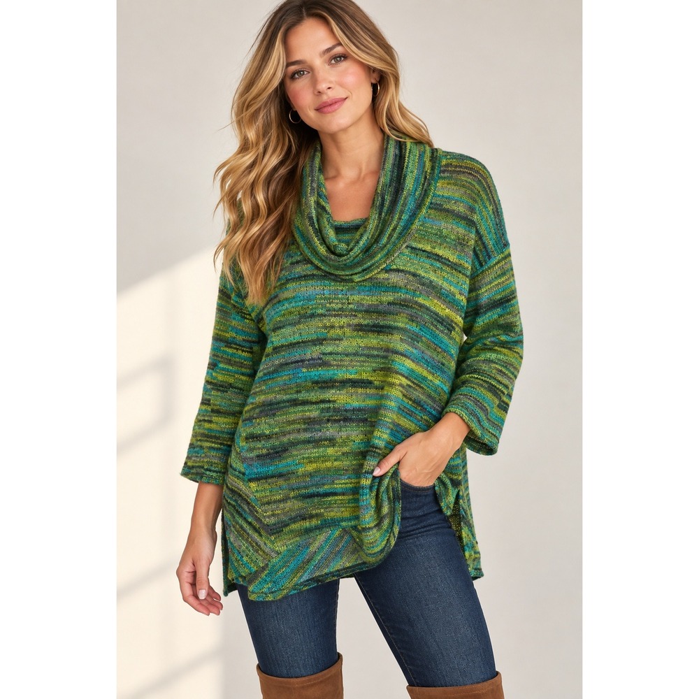 John Paul Richard Striped Cowl Neck Tunic Sweater‎ Large Green Teal Cozy Knit